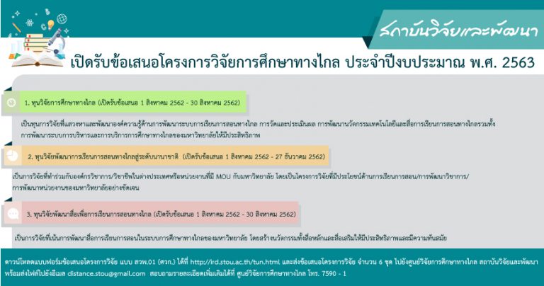 Read more about the article ประกาศรับทุนวิจัยการศึกษาทางไกล ประจำปี 2563